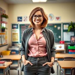 A confident teacher with a fashionable outfit that playfully reveals her navel, standing in a brightly lit classroom filled with educational posters and colorful supplies