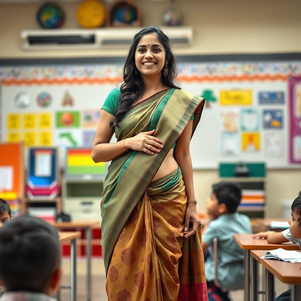 A vibrant female teacher in a beautifully designed saree, standing confidently in a lively classroom