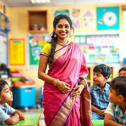 A vibrant female teacher in a beautifully designed saree, standing confidently in a lively classroom