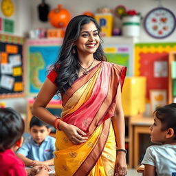 A vibrant female teacher in a beautifully designed saree, standing confidently in a lively classroom