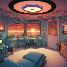 A vibrant blend of comic book art and lineart capturing the interior of a UFO pilot room, illuminated by the burning light of daylight seeping in.