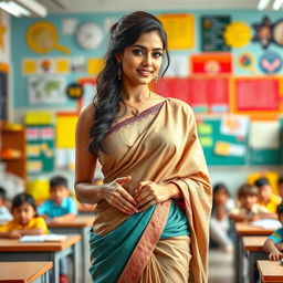 A stunning female teacher in a beautifully designed saree, standing with confidence in a vibrant classroom