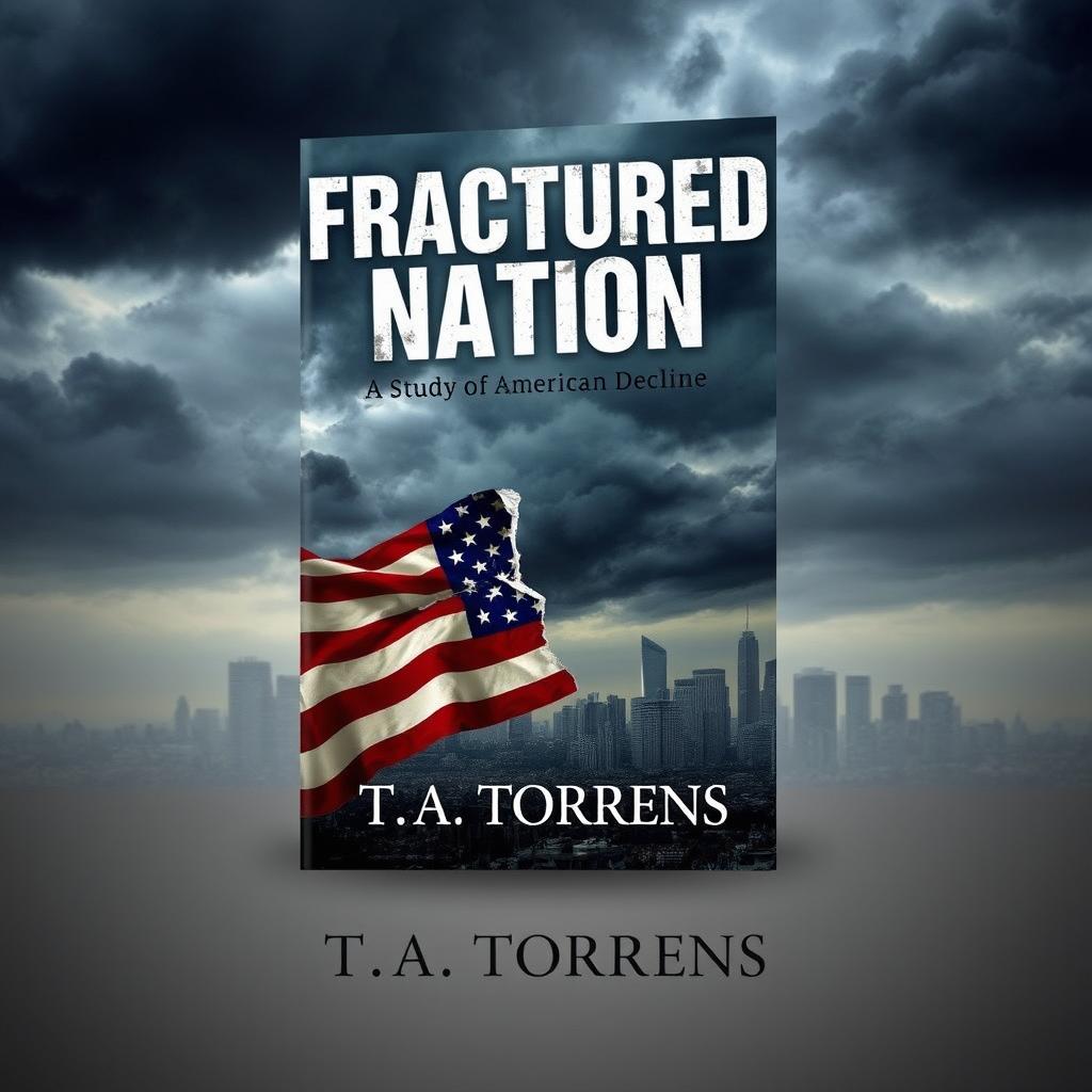 An eBook cover design for a book titled 'Fractured Nation: A Study of American Decline' by T