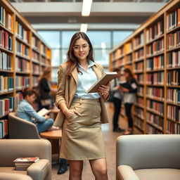 A confident female librarian in a stylish mini skirt, standing in a modern library filled with shelves of books