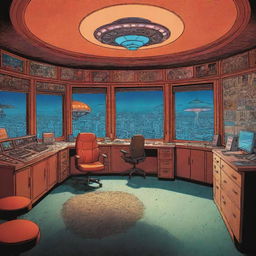 A vibrant blend of comic book art and lineart capturing the interior of a UFO pilot room, illuminated by the burning light of daylight seeping in.