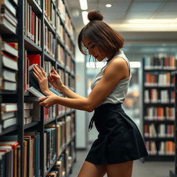 A stylish female librarian in a fashionable mini skirt, bending down to organize books on a shelf in a modern library