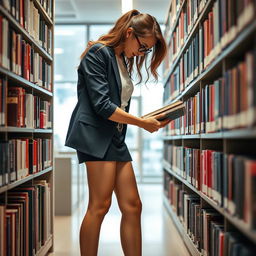 A stylish female librarian in a fashionable mini skirt, bending down to organize books on a shelf in a modern library