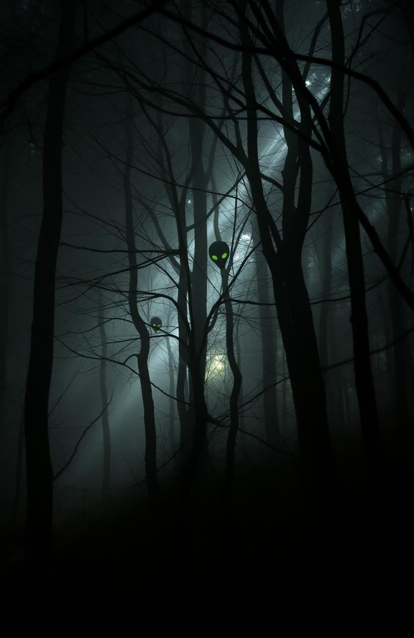 A mysterious and eerie scene set deep in an ancient, dark forest