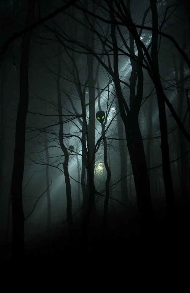 A mysterious and eerie scene set deep in an ancient, dark forest