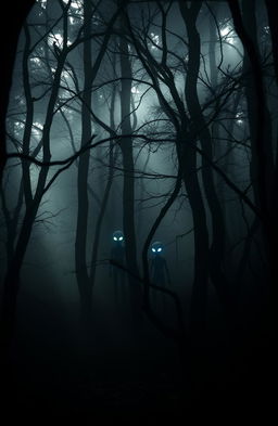 A mysterious and eerie scene set deep in an ancient, dark forest