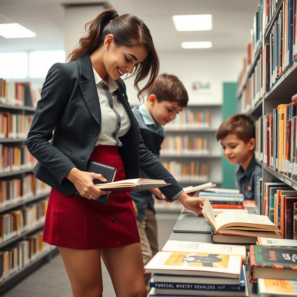 A fashionable female librarian in a trendy mini skirt, bending down to pick up a book in a well-organized library