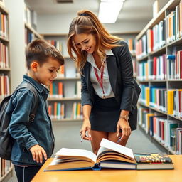 A fashionable female librarian in a trendy mini skirt, bending down to pick up a book in a well-organized library