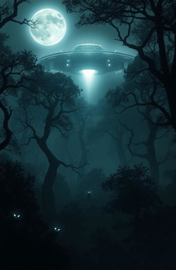 A mysterious alien craft hovering silently above a dense, dark forest, illuminated by ethereal lights emanating from its underside