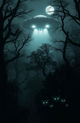 A mysterious alien craft hovering silently above a dense, dark forest, illuminated by ethereal lights emanating from its underside