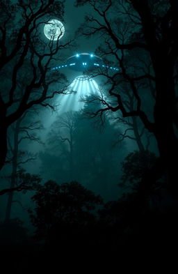 A mysterious alien craft hovering silently above a dense, dark forest, illuminated by ethereal lights emanating from its underside