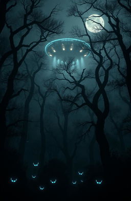 A mysterious alien craft hovering silently above a dense, dark forest, illuminated by ethereal lights emanating from its underside