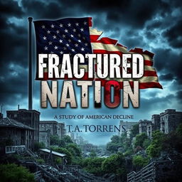 A gripping cover image for a Wattpad ebook titled 'Fractured Nation: A Study of American Decline' by T