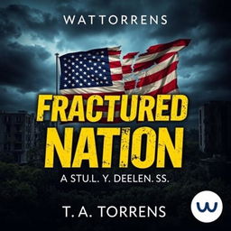 A gripping cover image for a Wattpad ebook titled 'Fractured Nation: A Study of American Decline' by T