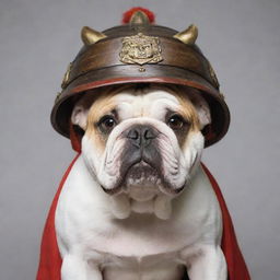 A robust bulldog donning a traditional samurai helmet, embodying a mixture of raw strength and noble dignity.