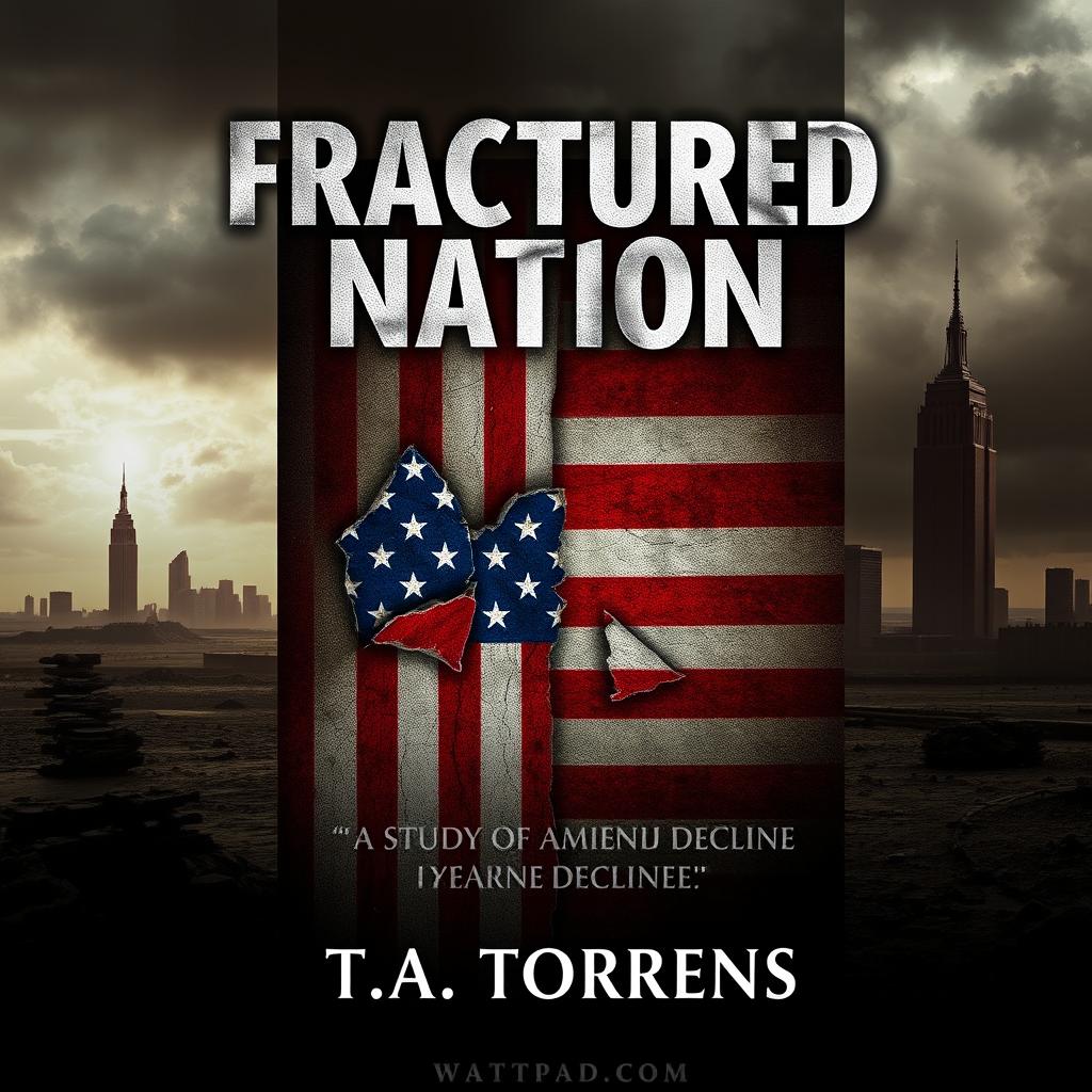 A captivating cover design for a Wattpad ebook titled 'Fractured Nation: A Study of American Decline', authored by T