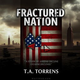 A captivating cover design for a Wattpad ebook titled 'Fractured Nation: A Study of American Decline', authored by T