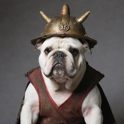 A robust bulldog donning a traditional samurai helmet, embodying a mixture of raw strength and noble dignity.