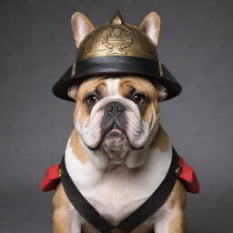 A robust bulldog donning a traditional samurai helmet, embodying a mixture of raw strength and noble dignity.