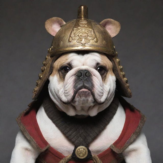 A robust bulldog donning a traditional samurai helmet, embodying a mixture of raw strength and noble dignity.