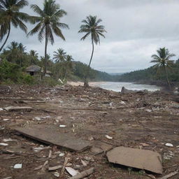 A poignant scene of the aftermath of a tsunami on a tropical island. Among the debris of destroyed homes, the solemn silence pervades where once thrived an indigenous tribe. The once vibrant island is now eerily quiet, a somber reminder of nature's fury.