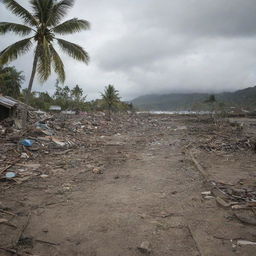 A poignant scene of the aftermath of a tsunami on a tropical island. Among the debris of destroyed homes, the solemn silence pervades where once thrived an indigenous tribe. The once vibrant island is now eerily quiet, a somber reminder of nature's fury.