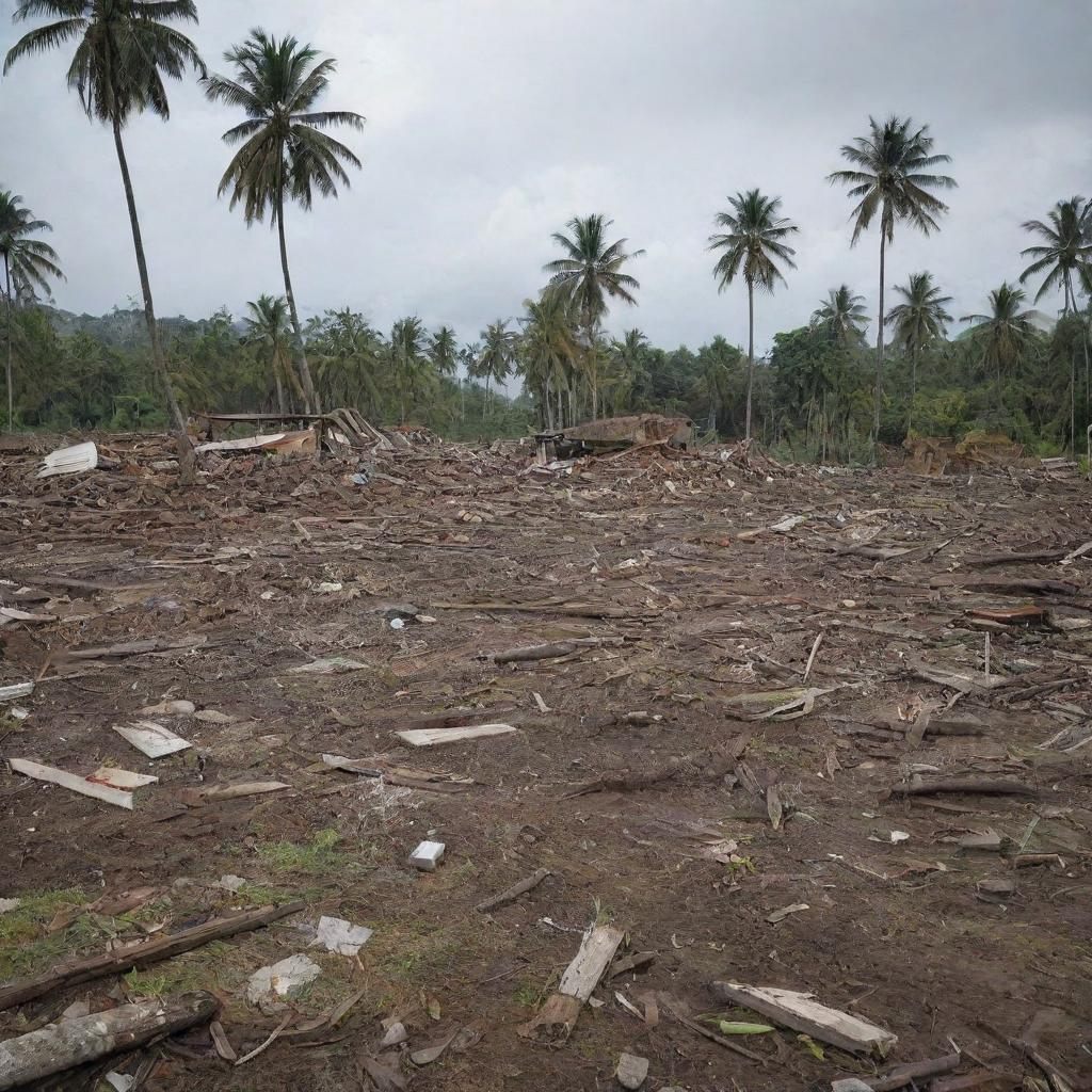 A poignant scene of the aftermath of a tsunami on a tropical island. Among the debris of destroyed homes, the solemn silence pervades where once thrived an indigenous tribe. The once vibrant island is now eerily quiet, a somber reminder of nature's fury.