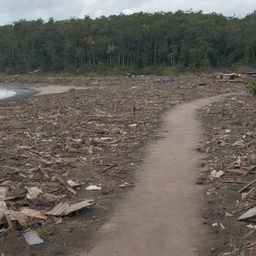 A poignant scene of the aftermath of a tsunami on a tropical island. Among the debris of destroyed homes, the solemn silence pervades where once thrived an indigenous tribe. The once vibrant island is now eerily quiet, a somber reminder of nature's fury.