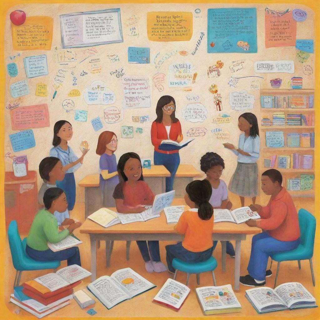 Generate an image of a stylized, vibrant classroom or library. Include a diverse group of engaged students collaborating on various activities. Add symbols of learning, like books and pencils, and a mentor figure guiding them. Also incorporate inspiring education-related quotes around the image.