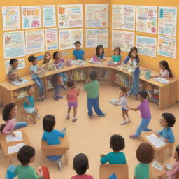 Generate an image of a stylized, vibrant classroom or library. Include a diverse group of engaged students collaborating on various activities. Add symbols of learning, like books and pencils, and a mentor figure guiding them. Also incorporate inspiring education-related quotes around the image.