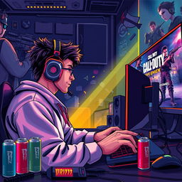 A vibrant and dynamic illustration of a gamer deeply immersed in playing Call of Duty