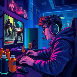 A vibrant and dynamic illustration of a gamer deeply immersed in playing Call of Duty