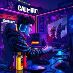 A vibrant and dynamic illustration of a gamer deeply immersed in playing Call of Duty