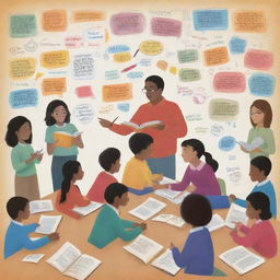 Generate an image of a stylized, vibrant classroom or library. Include a diverse group of engaged students collaborating on various activities. Add symbols of learning, like books and pencils, and a mentor figure guiding them. Also incorporate inspiring education-related quotes around the image.