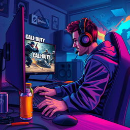 A vibrant and dynamic illustration of a gamer deeply immersed in playing Call of Duty