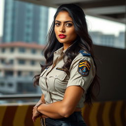 A confident Indian woman police officer posed in a dynamic setting