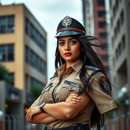 A confident Indian woman police officer posed in a dynamic setting