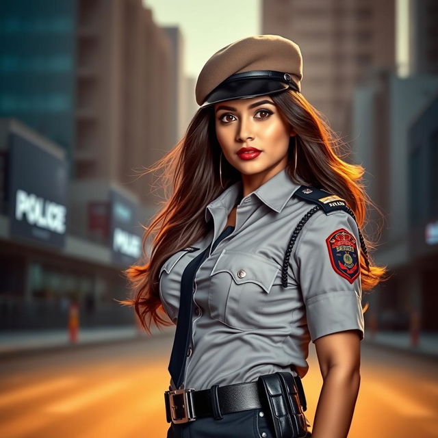 A confident Indian woman police officer posed in a dynamic setting