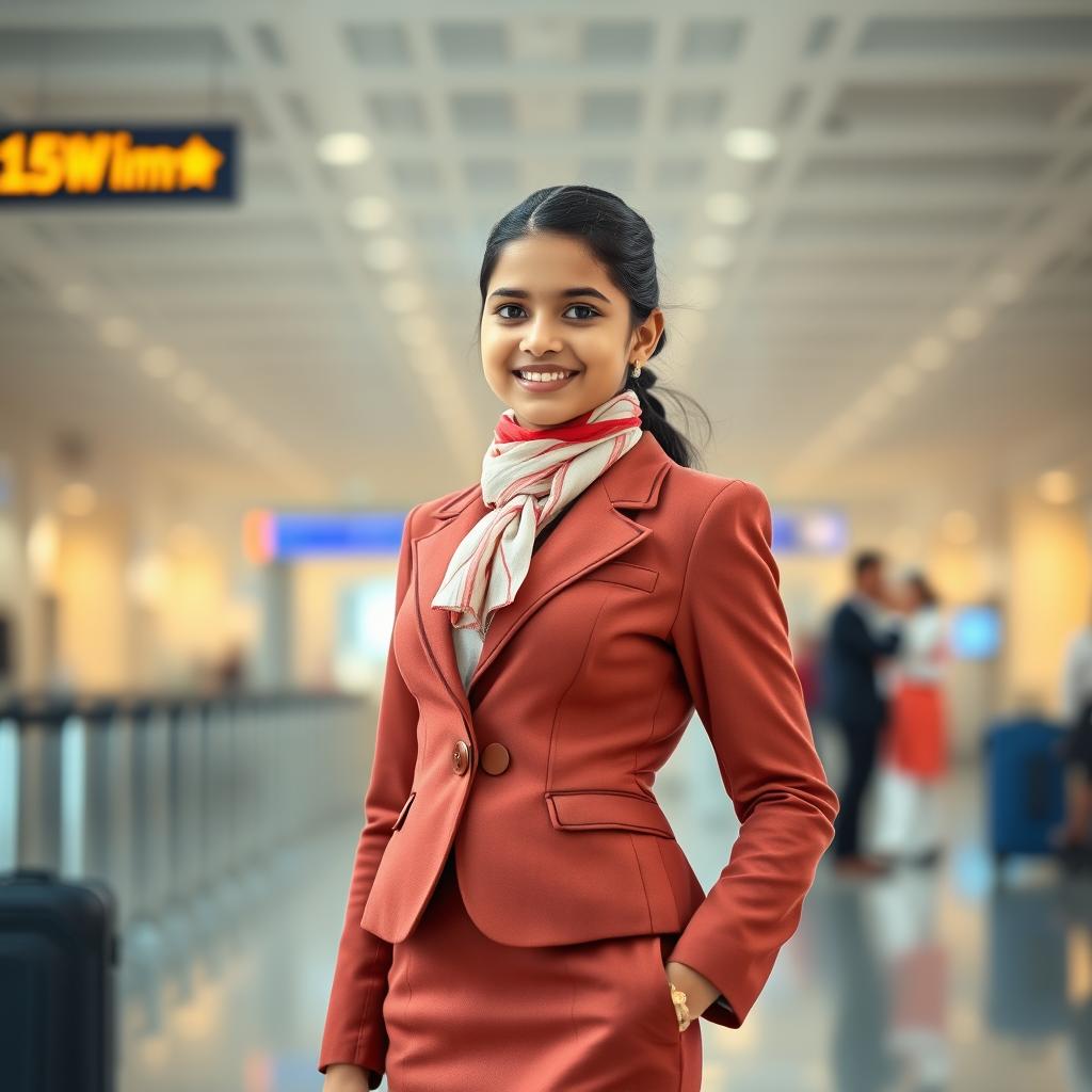 A young Indian-origin girl dressed in a stylish airhostess uniform, showcasing an elegant and professional look