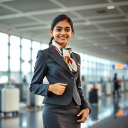 A young Indian-origin girl dressed in a stylish airhostess uniform, showcasing an elegant and professional look