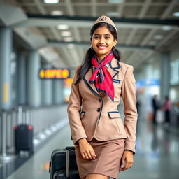 A young Indian-origin girl dressed in a stylish airhostess uniform, showcasing an elegant and professional look