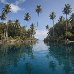 A dramatic transformation of the tropical island, now almost entirely submerged beneath the ocean's surface following a succession of disasters. Only the tallest palm trees remain visible, painting a solemn image of a paradise lost.