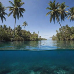 A dramatic transformation of the tropical island, now almost entirely submerged beneath the ocean's surface following a succession of disasters. Only the tallest palm trees remain visible, painting a solemn image of a paradise lost.