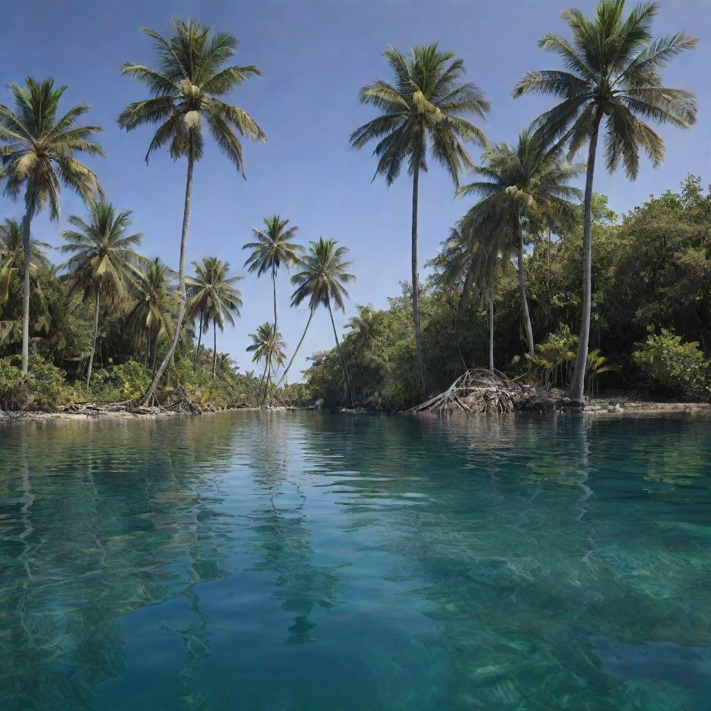 A dramatic transformation of the tropical island, now almost entirely submerged beneath the ocean's surface following a succession of disasters. Only the tallest palm trees remain visible, painting a solemn image of a paradise lost.