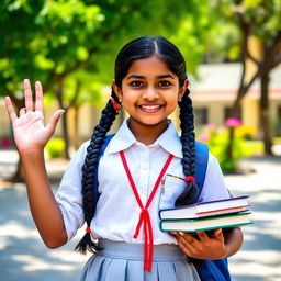 A portrait of a youthful Indian girl dressed in a traditional school uniform, complete with a neatly pressed white shirt and a knee-length skirt