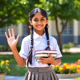 A portrait of a youthful Indian girl dressed in a traditional school uniform, complete with a neatly pressed white shirt and a knee-length skirt